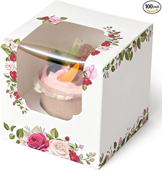 Happyhiram Cupcake Boxes 100 Pcs Bulk Roses Floral, Individual Holder with Window for Mother's Day Flower Mini Gift Boxes Botanical Leaves for Gift Ornament Packaging Women's Birthdays Weddings