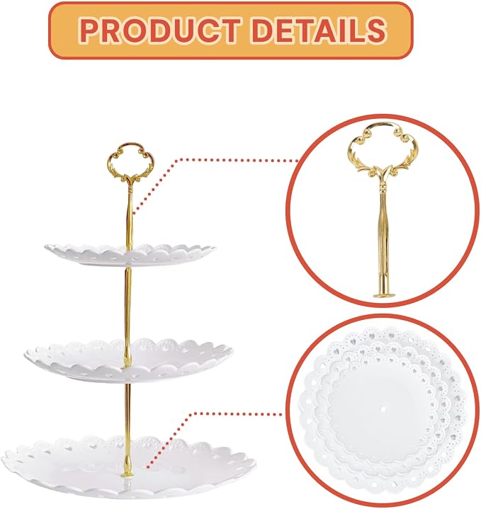 RAUVOLFIA 2 Pack of Plastic Round & Square Dessert Cupcake Stand, 3 Tier Cup Cake Holder Tower for Tea Party/Birthday/Wedding, Plastic Tiered Serving Tray (White)