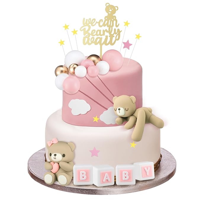 Yinder Bear Cake Toppers Mini Bear Cake Decorations Cake Toppers Gold White Pearl Ball for Birthday Party Decorations(Pink, Brown,Cute Style)