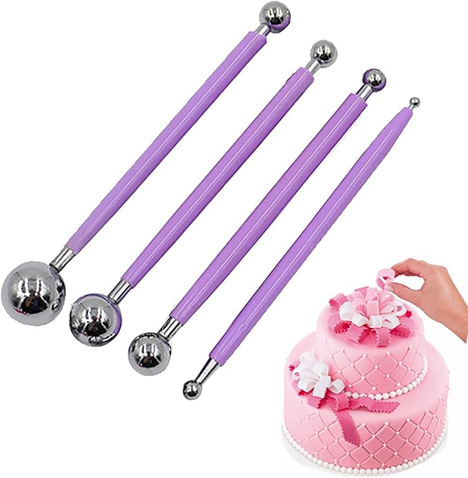 Cake Decorating Metal ball Fondant Tool, Hsxxf 4 PCS Clay Sculpting Tools for Cake Fondant Gum Paste Clay Ceramic Pottery (Purple)