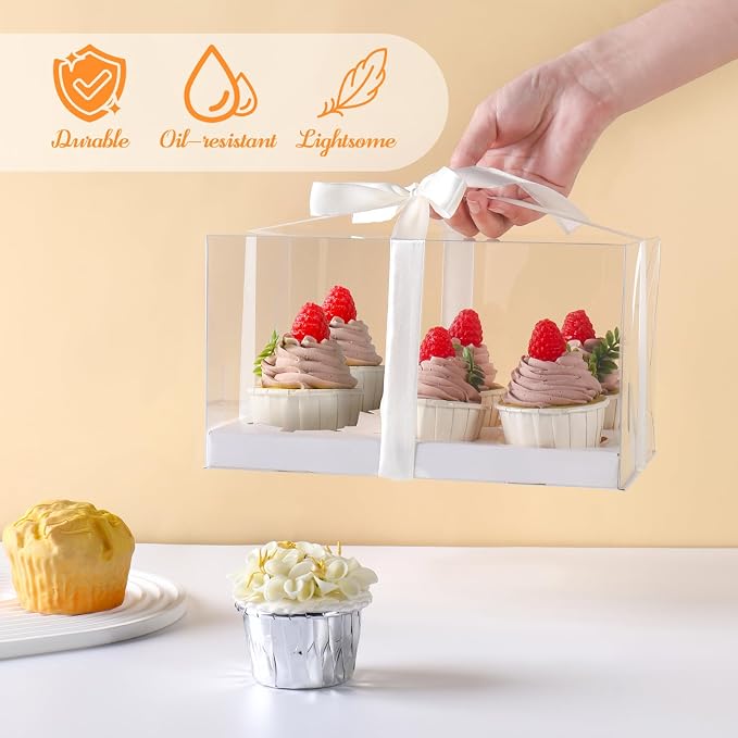 JCD 5.5inches height 8 Pack Clear Cupcake Boxes 6 Count Cupcake Containers with Gift Ribbon, Rectangle Cupcake Holder for Treats, Dessert Boxes, Muffins (6count/8pcs)
