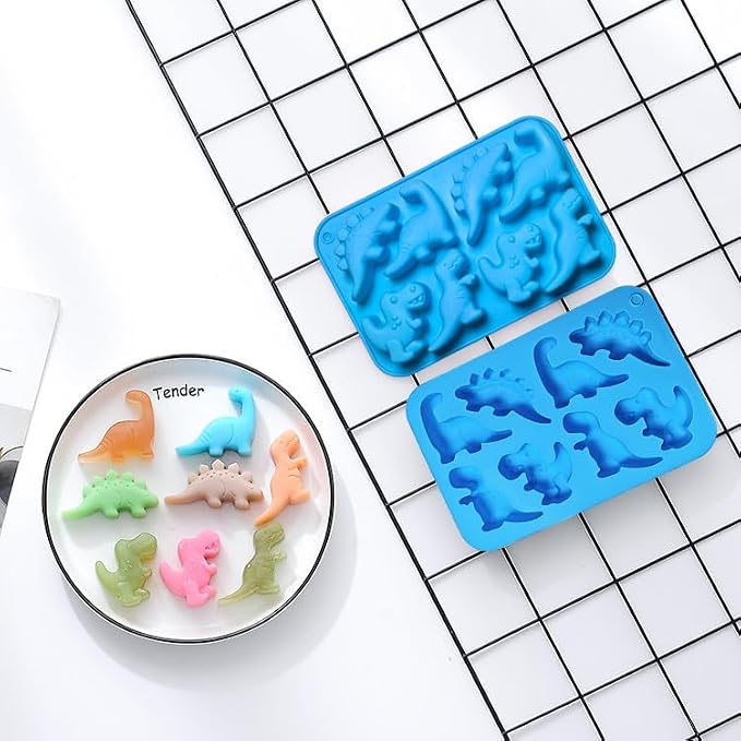 2Pcs Dinosaur Silicone Candy Molds - 8-Cavity Gummy Dinosaur Molds Shaped with T-rex, Stegosaurus, Triceratops, Brontosaurus, Non-stick and Bpa Free for Chocolate, Soaps, Crayons, Ice Cubes