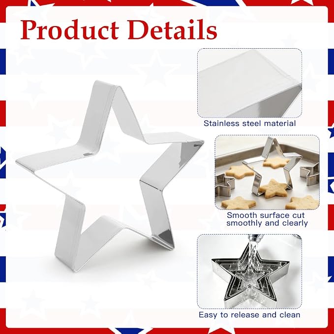 Star Cookie Cutters, 4th of July Cookie Cutter, 5 Pcs Stainless Steel Five-Pointed Shaped Cutter Sets Biscuit Molds Cake Cheese Fruit Cutter for DIY Holiday Home Baking Kit Birthday Party Supplies