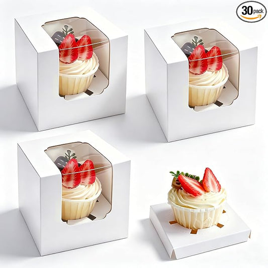 30 Pack Single Individual Cupcake Boxes with Window & Inserts, Auto Pop Up Stackable Food Grade Disposable Muffin Containers 3.5x3.5x3.5 Inch White To Go Bakery Party Favor Gift Boxes