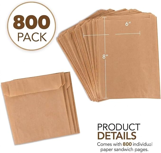 Kraft Brown Sandwich Bags (800 Pack) - Microwavable Unbleached Natural Kraft Paper Bags - Food Grade Grease Resistant Bags for Pastries, Cookies, Snacks - Biodegradable - Stock Your Home