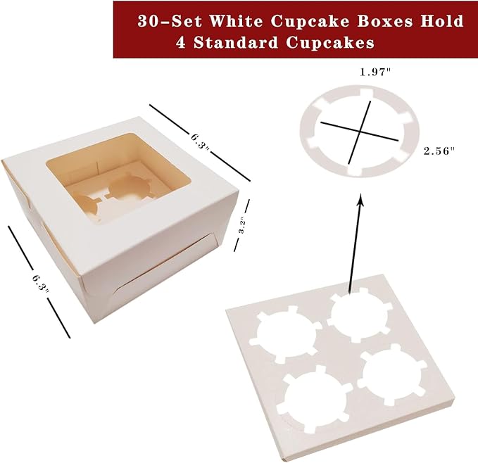30 Pack Cupcake Boxes Bulk with Clear Display Window Hold 4 Standard Cupcakes, Disposable Food Grade White Cupcake Carrier Cupcake Container, Perfect for Cupcakes Muffins Cookies Pastries