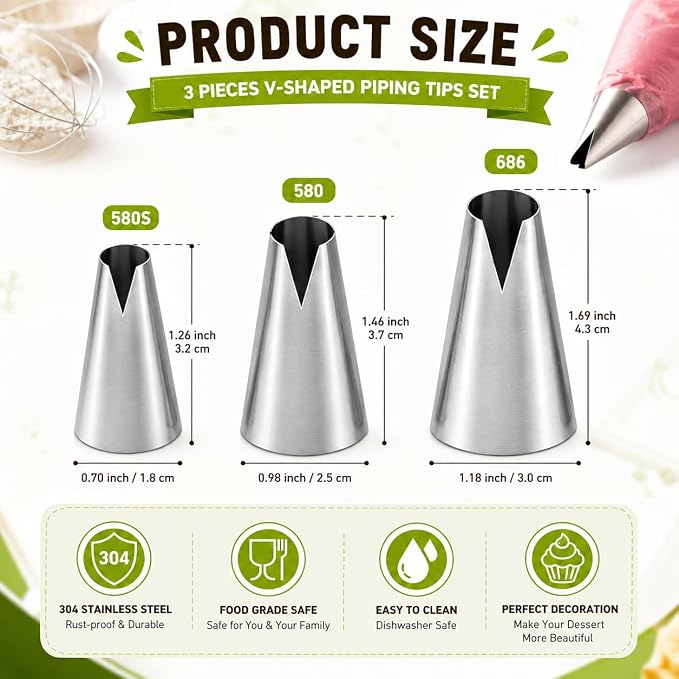 3 Pcs St. Honoré Piping Tips Set, V-Shaped Cake Decorating Tips, Stainless Steel Frosting Nozzles for Ruffled Borders, Ribbon Effects on Cakes, Cupcakes – Includes 580, 686, 580S