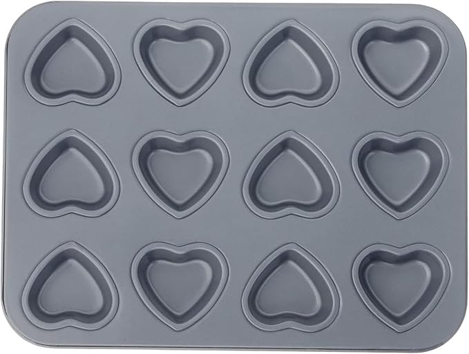 Fox Run Mini Heart Muffin Pan, 12-Cup, Preferred Non-Stick, Gray