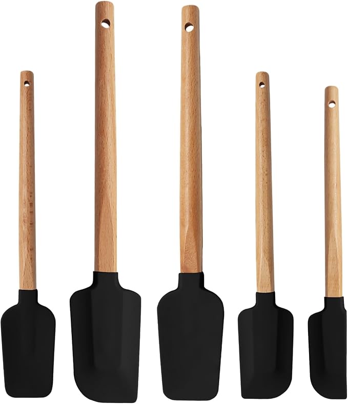 Uenhoy 5 Pack Silicone Spatula Set, Non-stick Wooden Handle Rubber Spatulas for Baking Cooking Frosting, 600°F Heat Resistant, Black