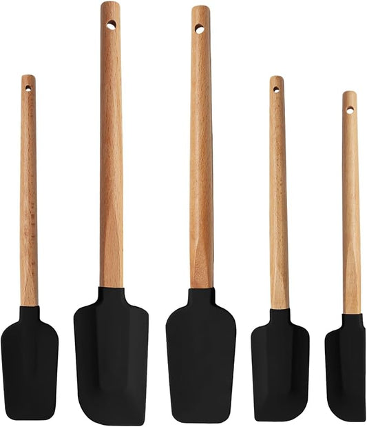 Uenhoy 5 Pack Silicone Spatula Set, Non-stick Wooden Handle Rubber Spatulas for Baking Cooking Frosting, 600°F Heat Resistant, Black