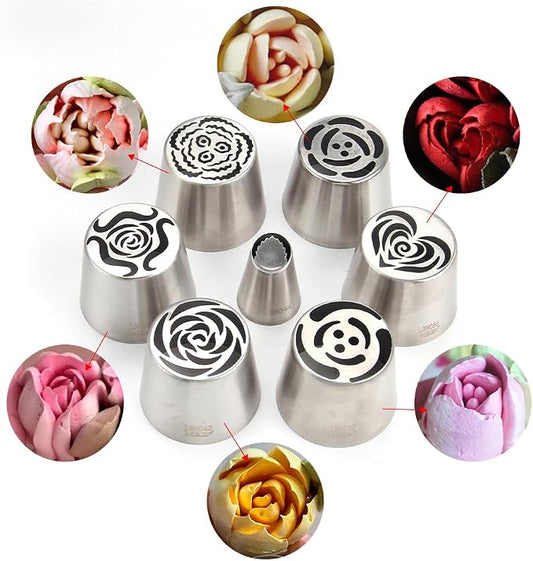 6 Pieces Extra Large Stainless Steel Russian Tulip Marshmallow Icing Tips Kit, Cupcake Dessert Piping Nozzles Set,1 Small Russian Icing Tip,1 Cleaning Brush for Cake Decorations,Pastry Baking Tools