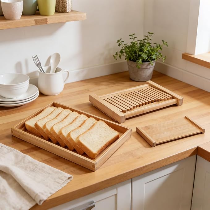 UNICRAFTALE Adjustable Bamboo Bread Slicer with Crumb Tray Bread Cutter for Homemade Cutter Guide for Sourdough Bagels Cakes Loaves Kitchen Gadgets Baking Gift Set 12.48"x8.5"x6.69"