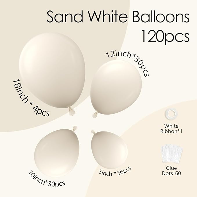 120pcs White Sand Balloons 18 12 10 5 inch Different Sizes Beige Balloon Arch Kit for Neutral Baby Bridal Shower Wedding Engagement Birthday Party Decorations