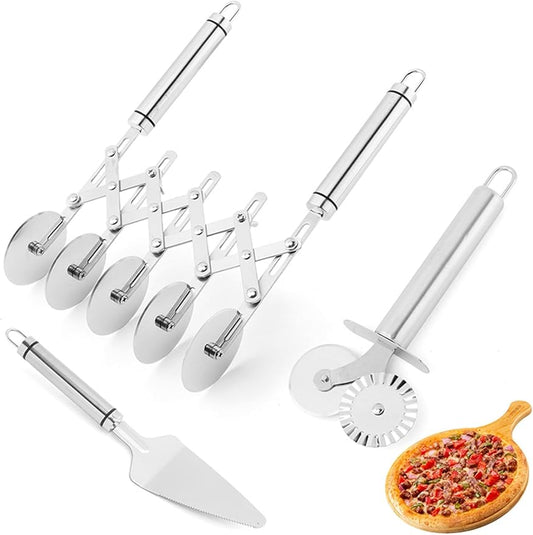 5 Wheel Pastry Cutter, Stainless Steel Dough Divider with Handle, Expandable Dough Cutter Wheel with Handle, Multi-Round Pastry Knife, Pizza Cutter Roller and Pie Server(Silver)