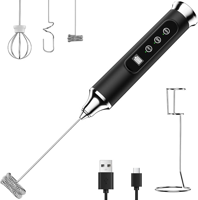 YUSWKO Milk Frother Wand for Coffee with Stand, Coffee Frother Handheld | Rechargeable Drink Mixer Wand, Waterproof Electric Whisk for Protein Powder, Lattes, 3 Variable Speeds 3 Whisks, Black