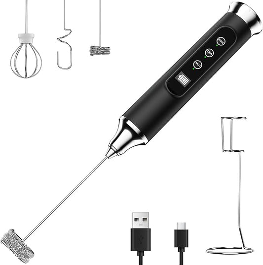 YUSWKO Milk Frother Wand for Coffee with Stand, Coffee Frother Handheld | Rechargeable Drink Mixer Wand, Waterproof Electric Whisk for Protein Powder, Lattes, 3 Variable Speeds 3 Whisks, Black