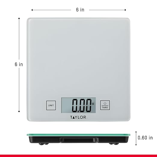 Taylor Compact Glass Kitchen Food Scale, 11 lb Capacity Digital Scale for Baking, Cooking, Meal Prep, Portion Control, Thin Lightweight Design, Easy-to-Read Display, White