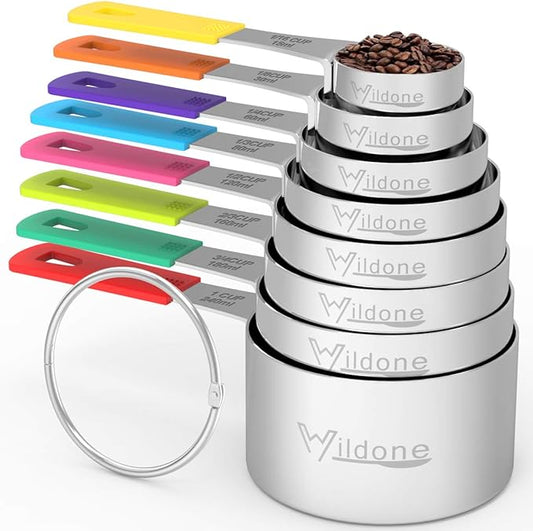 Wildone Stainless Steel 8-Piece Measuring Cups Set with Silicone Handle | Kitchen Gadgets for Cooking & Baking, Dishwasher Safe