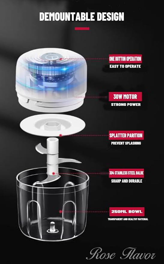 Electric Garlic Chopper, USB Chargeable Mini Food Processors 250ML (White)