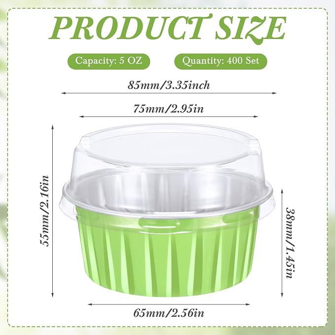 Gejoy 400 Pcs Aluminum Foil Baking Cups with Lids 5 oz Disposable Ramekins Mini Cake Pans Creme Brulee Cupcake Liners Muffin Tins Flan Mold Dessert Container for Wedding(Green,Classic)
