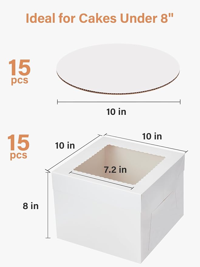 Kootek 15 Sets Cake Boxes with Cake Boards, 10x10x8 Inch White Tall Cardboard Containers for Multi-Layer Desserts, Perfect for Decorating, Mother's Day & Bakery Use