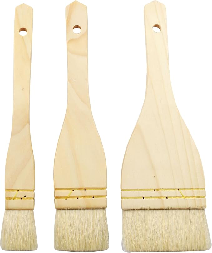 3Pcs Flat Hake Brushes, Sheep Hair Bristles, Paint Brush Set for Watercolor, Wash, Pottery Painting - Baking Pastry Brush & BBQ Grill Brush for Kitchen (1/2/3 Inch)