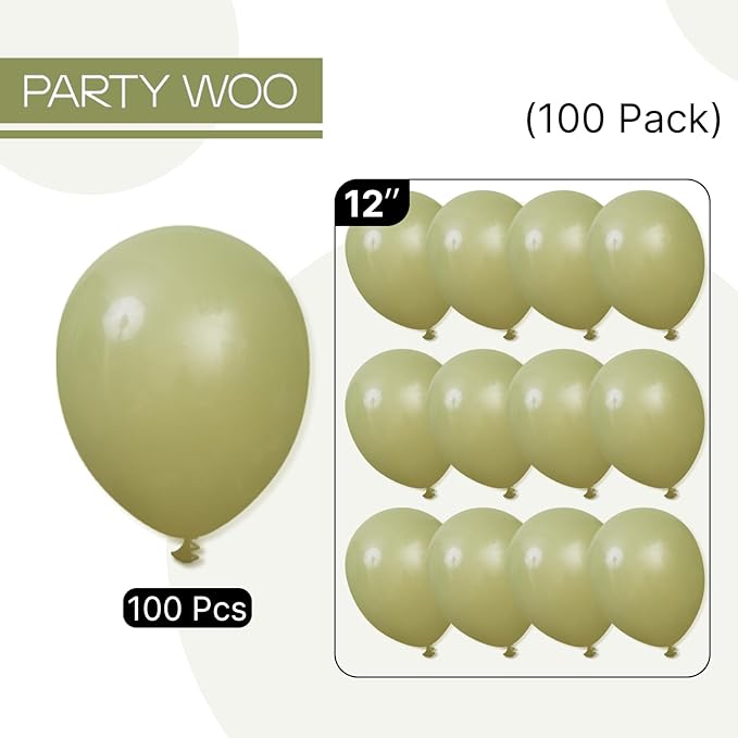 PartyWoo Sage Green Balloons 100pcs 12 Inch Olive Boho Green Latex Helium Balloons for Birthday Baby Shower Graduation Wedding Dinosaur Jungle Golf Football Baseball Theme Party Decorations Green-F11