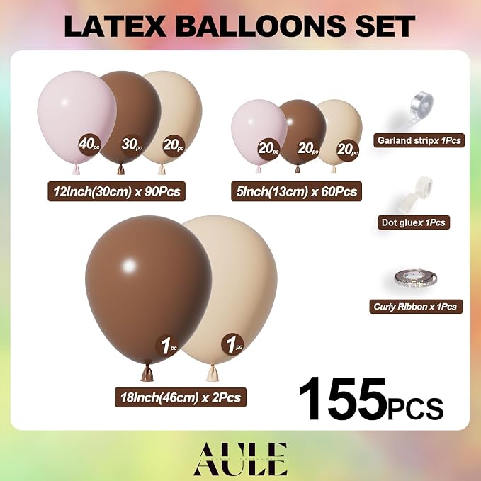 AULE Brown Balloon Arch Kit 155Pcs Coffee Brown Beige Light Pink Balloons Garland for Birthday Graduation Neutral Woodland Safari Anniversary Teddy Bear Baby Shower Theme Party Decoration