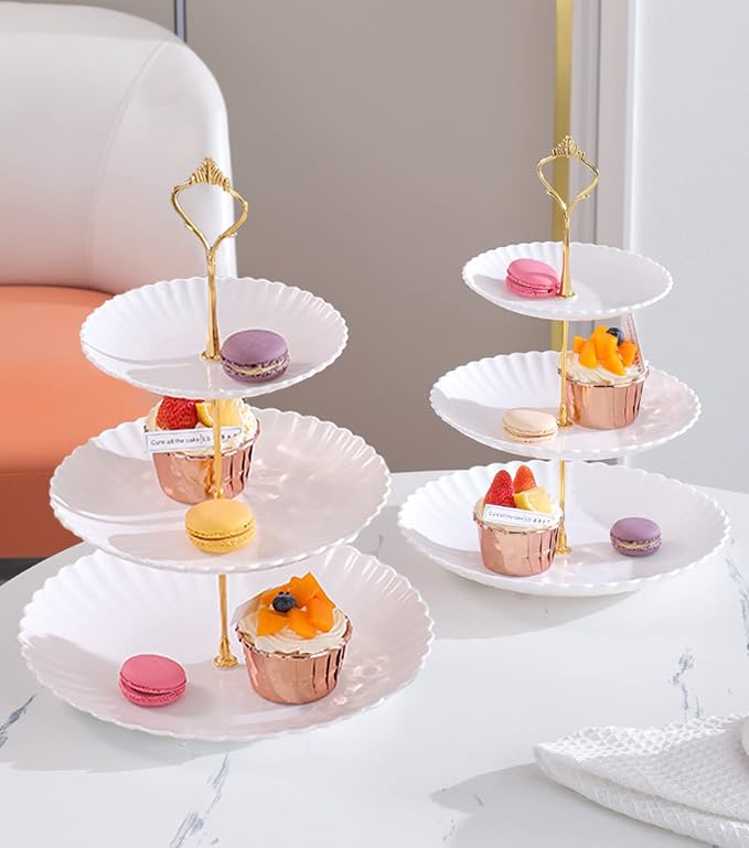 Tosnail 3 Pack 3 Tiers Plastic Cupcake Stand, Round Dessert Stand, Tiered Serving Trays with Gold Rod, Party Serving Trays, Fruit Pastry Holders for Wedding and Party - Assorted 3 Colors