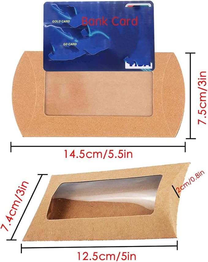Wzttdm 40pcs Kraft Paper Mini Pillow Packaging Box with Clear Window, Box Treat Gift Packaging Box for Bakery Candy Chocolate Jewelry Display Wedding Party Favor (Brown, 5 x 3 x 0.8 inches)