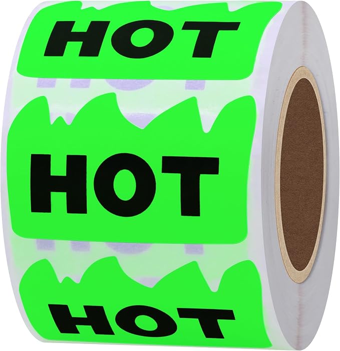 Hybsk 500pcs Rave Hot Stickers 2 x 1-1/5 Inch Fluorescent Hot Flame Fire Shape Labels Marking Items for Restauresent Supermarkets Stores Shops (Fluorescent Green)