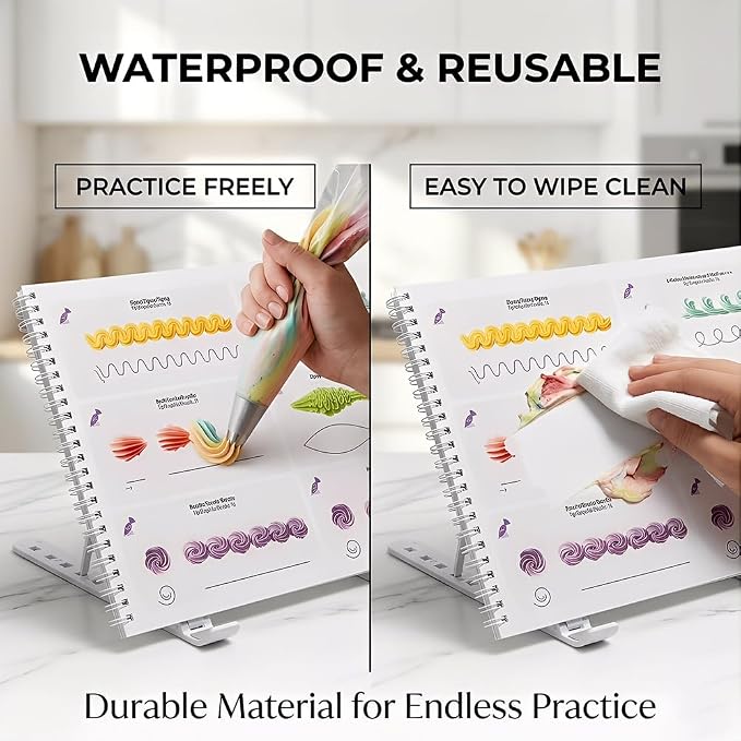 Upgraded Cake Practice Decorating Board with Adjustable Stand Thickened Waterproof, 23 Sheets Icing Piping Nozzles Practice Drawings Cake Decorating Kit Baking Supplies for Beginner Home Baker