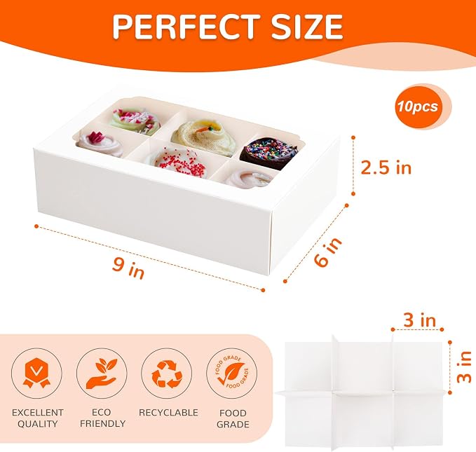 Zealax 9 Inch Bakery Boxes with Window and Dividers Cookie Packaging Small Treats for Gift Giving, Macaron Boxes Treat Boxes for Mini Cupcakes, Chocolate Covered Strawberries, 10 Pack, 9x6x2.5 Inch