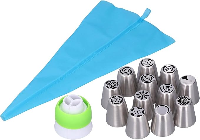 Piping Bags and Tips Set, 14pcs Russian Piping Tips Set Flower Frosting Tip Cupcake Decorating Kit Russian Nozzles Baking Supplies Kit for Cupcake Cookies Birthday Party Baking goods