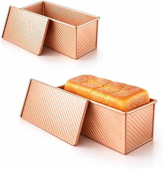 Pullman Loaf Pan with Lid 2 Pack, Carbon Steel Nonstick Bread Baking Pans with Sliding Lid, Gold Toast Mold for Sandwich Bread and Square Loaf, Small and Large Sizes, Oven Safe to 446°F