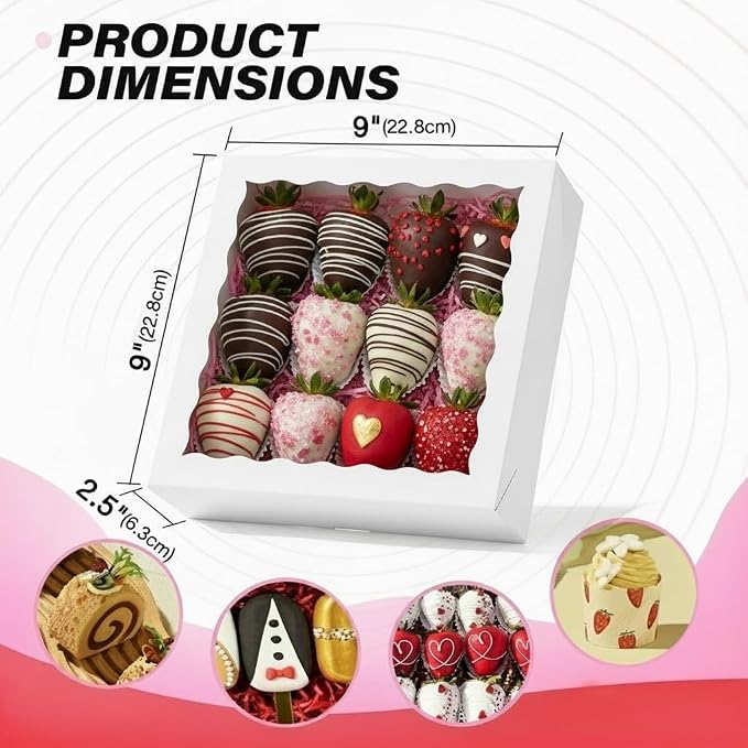 6PCS 9X9X2.5 Inches White Bakery Boxes,Pie Boxes with Clear Window Treat Boxes for Chocolate Strawberries, Pastries, Muffins, Donuts,Cookie,Breakable Heart