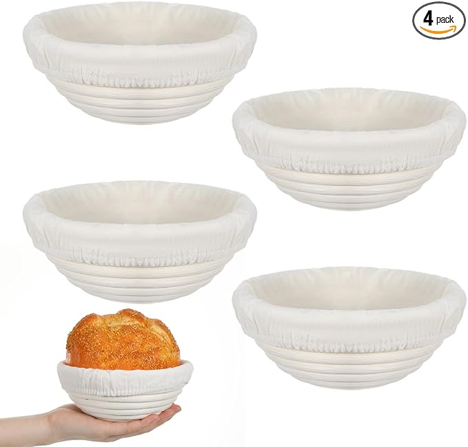 4-Pack Sourdough Bread Proofing Basket & Banneton Bread Proofing Basket Set with Liners, 6" Round Rattan Dough Bowls (6.3"x2.4") for Artisan Baking