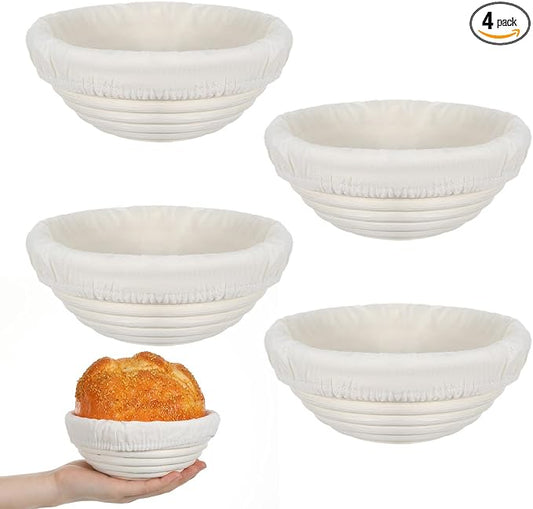 4-Pack Sourdough Bread Proofing Basket & Banneton Bread Proofing Basket Set with Liners, 6" Round Rattan Dough Bowls (6.3"x2.4") for Artisan Baking