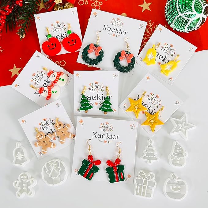 Xaekicr Christmas Polymer Clay Cutters Set – 8pcs Holiday Clay Earring Cutters for Polymer Clay Jewelry DIY – Santa, Tree, Snowman, Gift – Clay Tools & Molds