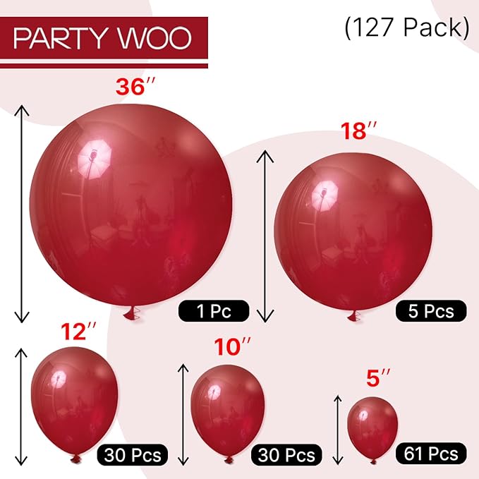 PartyWoo Maroon Balloons 127 pcs Different Sizes of 36 18 12 10 5 Inch Dark Red Burgundy Ruby Red Balloon Arch Kit Garland for Graduation Valentine's Day Wedding Anniversary Party Decorations Red-Y75