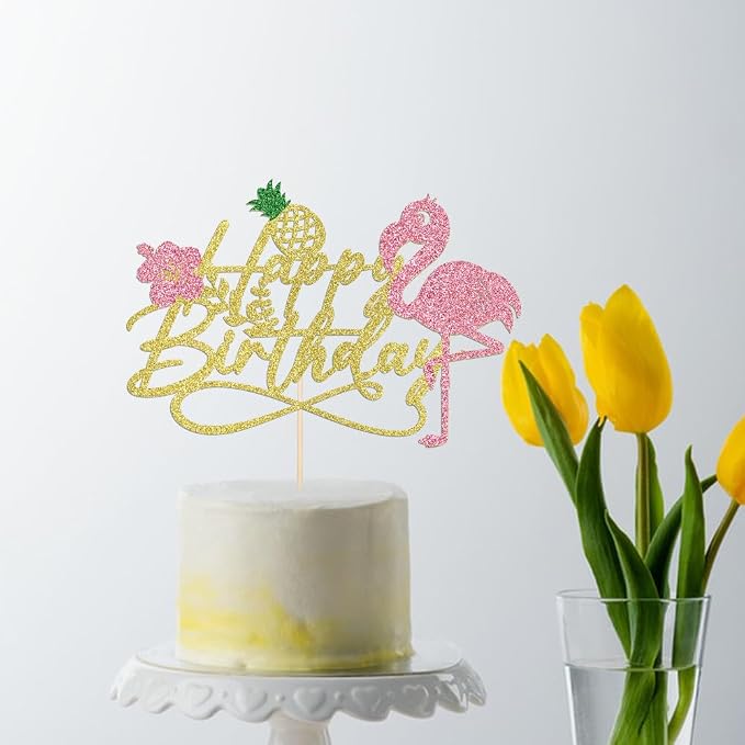 1 PCS Flamingo Happy Birthday Cake Topper-Glitter Palm Tree Turtle Leaf Flower Pineapple Flamingo Cake Pick Decorations,Tropical Hawaiian Luau Theme Baby Shower Boys Girls Party Decoration Supplies