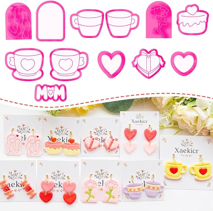 Mother’s Day Polymer Clay Cutters & Stamps Set - 12pcs Sharp & Durable Tea Cup, Cake, Heart, MOM & Silhouette Shapes for DIY Earring Jewelry Making, Soft Clay Crafts & Holiday Supplies