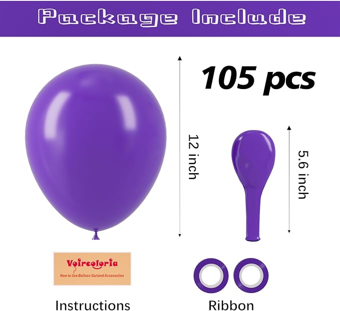 Voircoloria 105pcs Dark Purple Balloons 12inch Party Latex Balloons for Birthday Baby Shower Halloween Wedding Valentine's Day Party Bachelorette Decorations