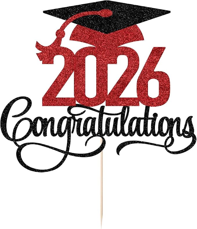 Black red Glitter 2026 Congratulations Graduation Cake Topper,Congrats Grad Cake Decor - 2026 High School/College/Senior Graduation Party Decorations Supplies