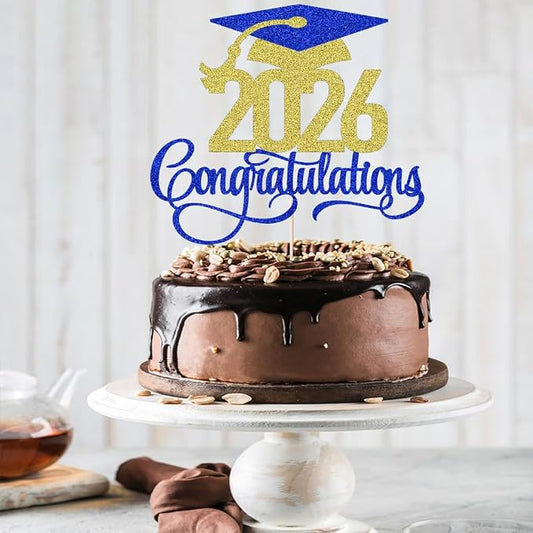 Dark blue gold 2026 Congratulations Graduation Cake Topper,Congrats Grad Cake Decor - 2026 High School/College/Senior Graduation Party Decorations Supplies