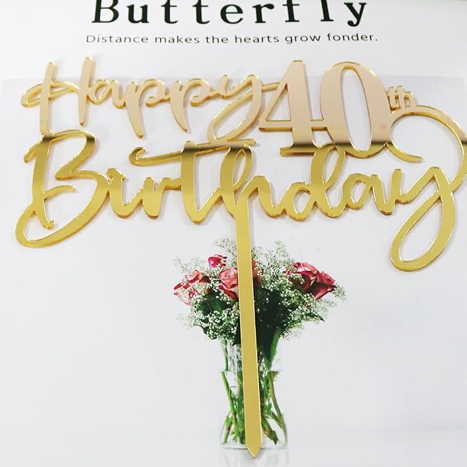 Happy 40th birthday cake Topper,Mirrored Gold Acrylic Durable Cake Topper,40th Birthday Party Cake Decorations,Hello 40th years old, Happy forty years old, Birthday Party Decorations