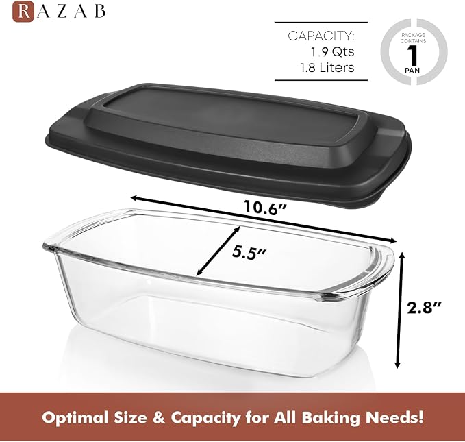 Razab LARGE 7.6 Cups/1800 ML/1.9 Qt Glass Loaf Pan with Lids - Meatloaf Pan BPA free Airtight Lids Grip Handle Easy Carry, Microwave and Oven Safe - Loaf Pans For Baking Bread, Cakes, Glass Loaf Pan