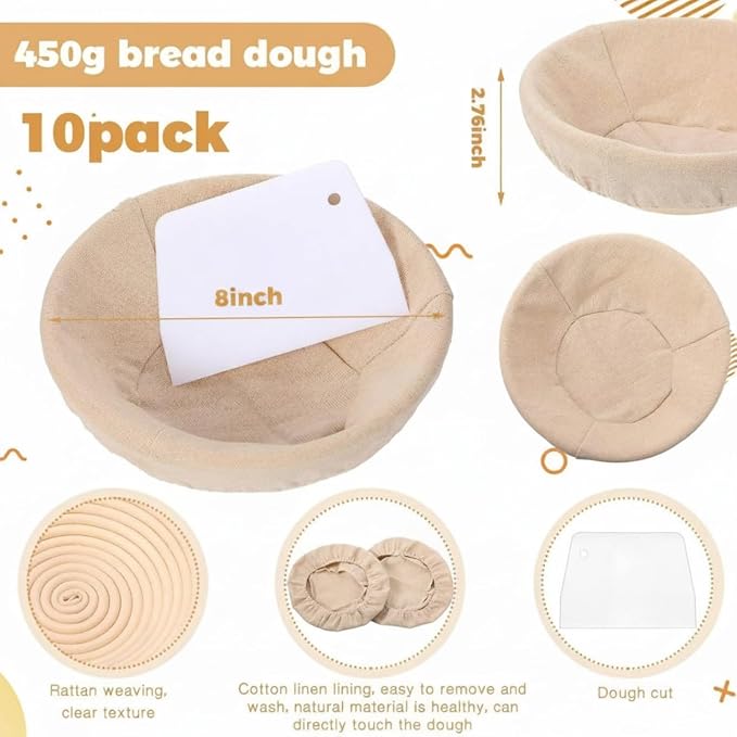 Patelai 10 Pieces Banneton Bread Proofing Basket Round Sourdough Proofing Basket Banneton Baskets Dough Bowl with Liners and Scrapers for Home Making Bread Bakers Baking (8 Inch)