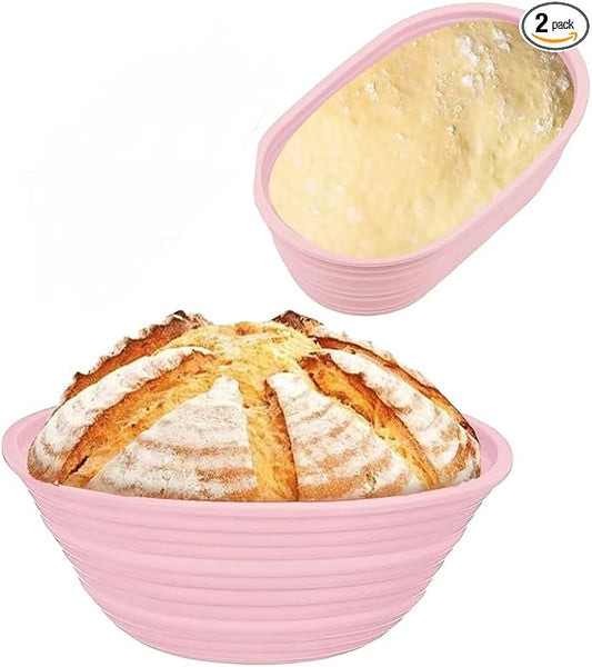 Banneton Bread Proofing Baskets,Silicone Sourdough Bread Baking Supplies, Bread Proofing Baskets for Sourdough, 9.3" Round & 10.2" Oval Collapsible Sourdough Baking Basket (Pink)