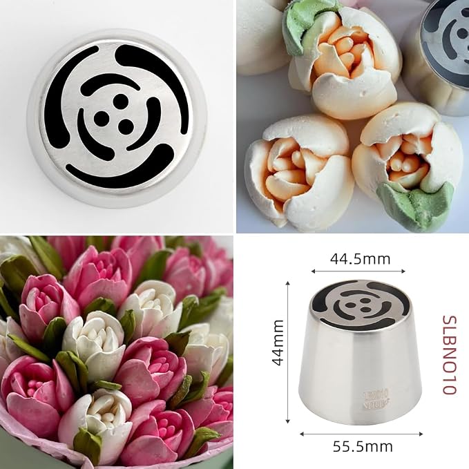 6 Pieces Extra Large Stainless Steel Russian Tulip Marshmallow Icing Tips Kit, Cupcake Dessert Piping Nozzles Set,1 Small Russian Icing Tip,1 Cleaning Brush for Cake Decorations,Pastry Baking Tools